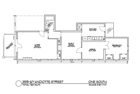 Floor plan for 1 bed, 1 bath, 964 sqft